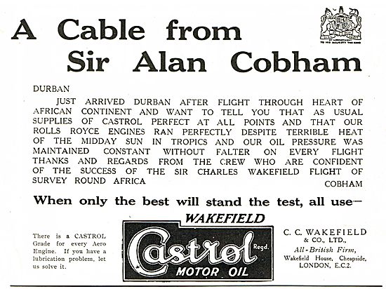 Castrol Oil - A Cable From Alan Cobham                           