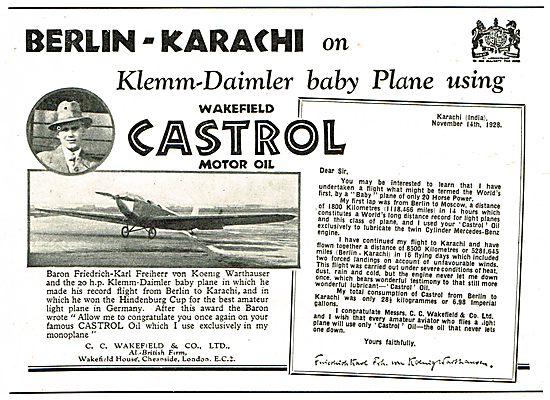 Berlin To Karachi In A Klemm-Daimler On Castrol Oil              