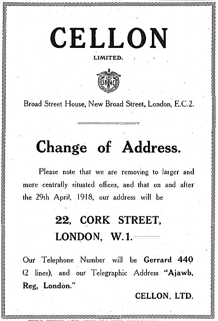 Cellon Ltd: Change Of Address. Cork St London.                   
