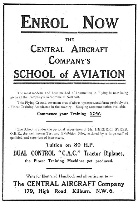 The Central Aircraft Company School Of Aviation Northolt         