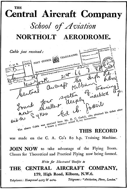 The Central Aircraft Company School Of Aviation Northolt         