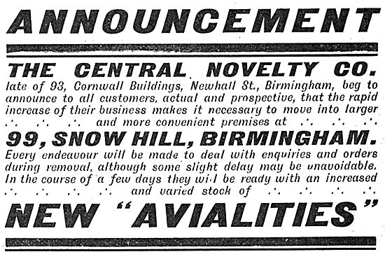 Central Novelty Co. Aircraft Models. 99 Snow Hill Birmingham     