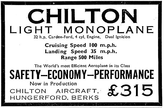 Chilton Light Monoplane Aircraft: 32 HP Carden-Ford 4 Cyl Engine 