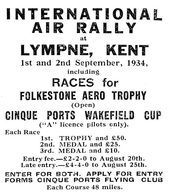 Cinque Ports Lympne ; International Air Rally. Sept 1934         