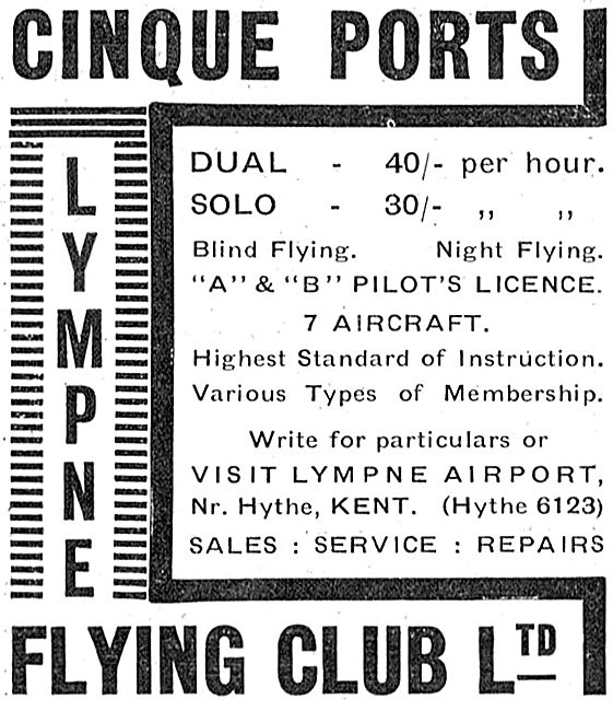 Cinque Ports Flying Club Lympne - Dual 40/- Per Hr / Solo 30/-   