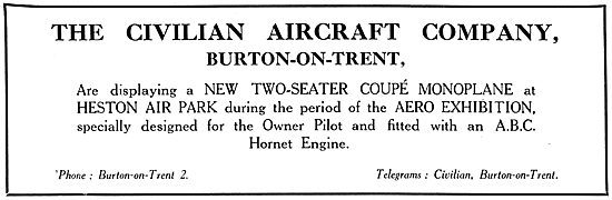 Civilian Aircraft - Burton-On-Trent   1929 Advert                