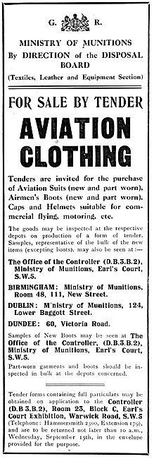 Ministry Of Munitions. Aviation Clothing For Sale By Tender. 1920