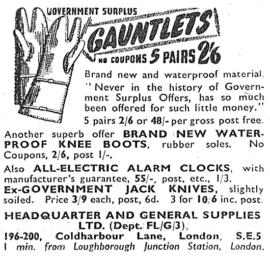 Headquarter & General Supplies - Government Surplus Clothing 1947