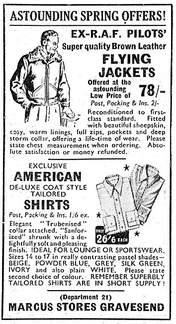 Marcus Stores. Gravesend. War Surplus Flying Clothing 1949       