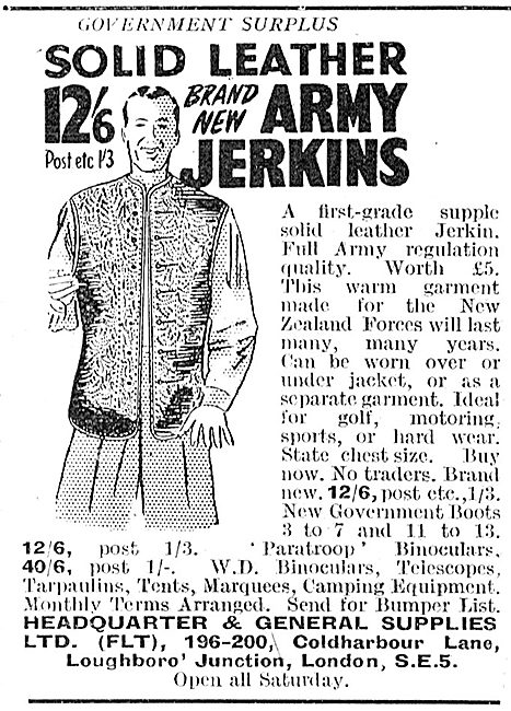 Headquarters & General Supplies. Government Surplus Clothing 1949