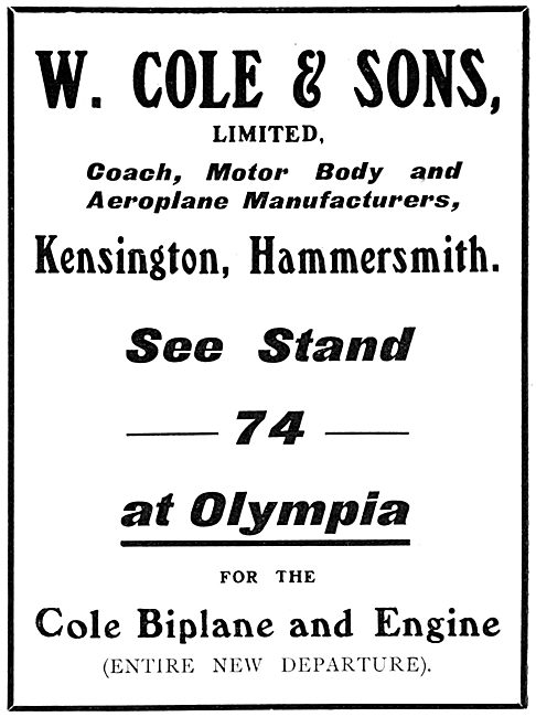 W.Cole & Sons. Cole Biplane Cole Engine 1911                     