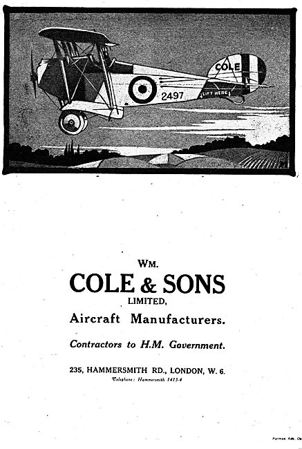 Wm.Cole & Sons. Aircraft Manufacturers 1918 Advertisement        