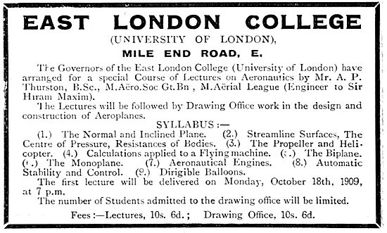 East London College. University Of London. Aeronautical Courses  