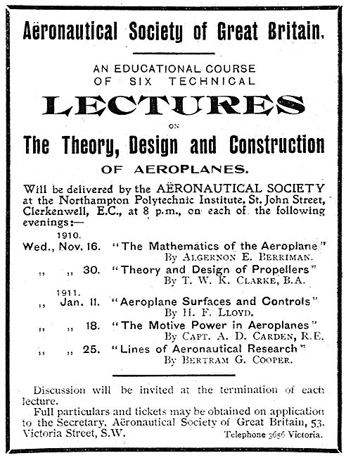 Aeronautical Society Of Great Britain. Lecture Series Nov 1910   