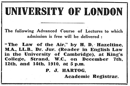 University Of London - Law Of The Air. Lecturer H.D.Hazeltine    