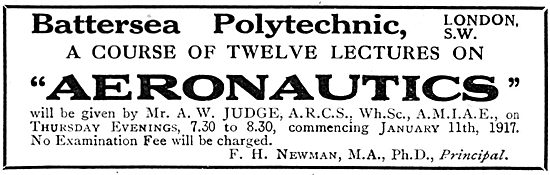 Battersea Polytechnic Aeronautical Lectures 1917 Schedule        