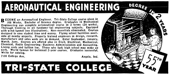 Tri-State College. Angola, Indiana. Aeronautical Engineering 1938