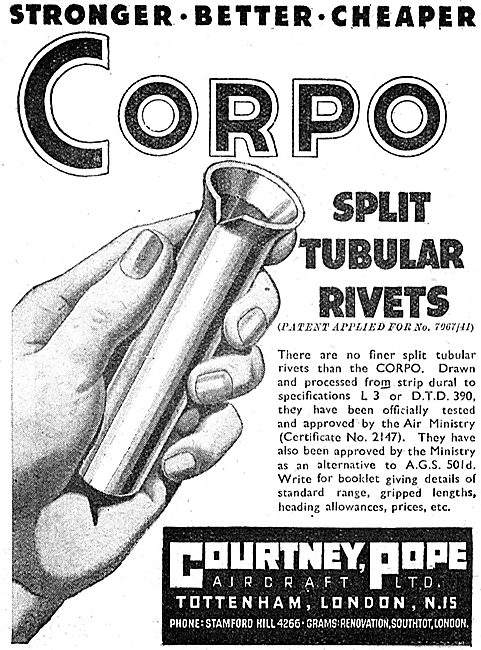 Courtney Pope Aircraft - Corpo Split Tubular Rivets 1942 Advert  