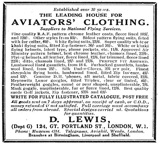 D Lewis The Leading House For Aviators' Clothing.                