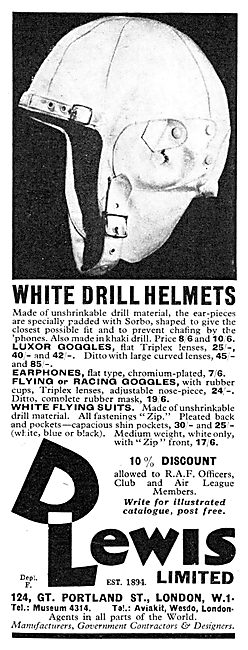 D.Lewis Flying Clothing. White Drill Flying Helmets              