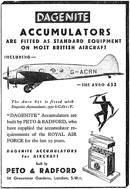 Dagenite Accumulators For Aircraft - Battery - Avro 652          