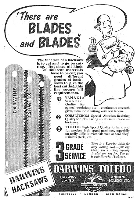 Darwins  Toledo Cutting Tools Hacksaw Blades 1947 Advert         