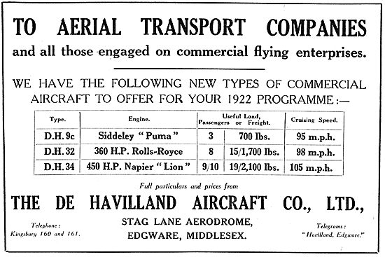 De Havilland DH9c, DH32, DH34 Commercial Aircraft                