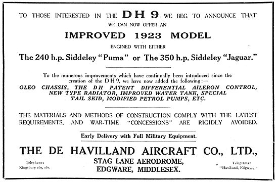 The Improved De Havilland DH9. 240 Or 350 HP Siddeley Engines    