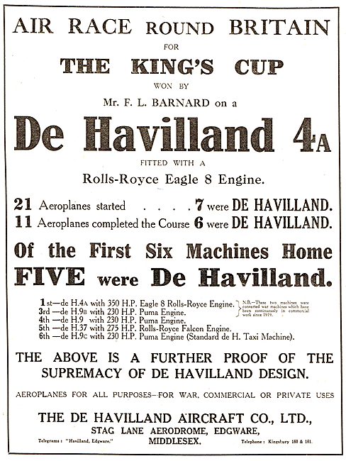 De Havilland DH4a Wins Kings Cup. Mr F.L.Barnard Flying.         
