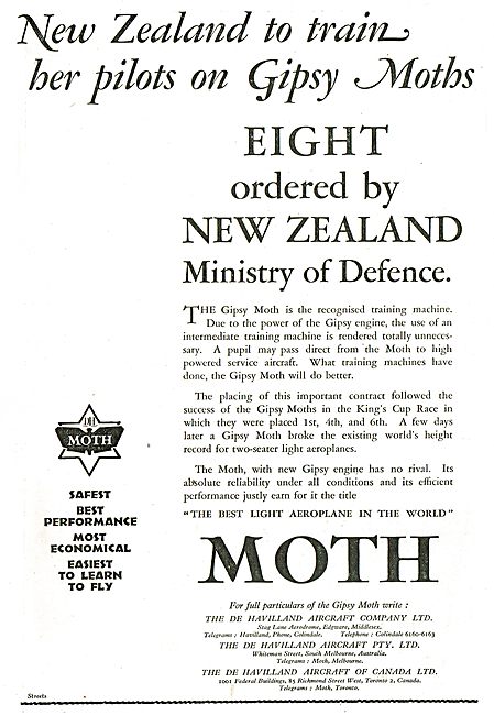 New Zealand To Train Her Pilots On De Havilland Gipsy Moths      