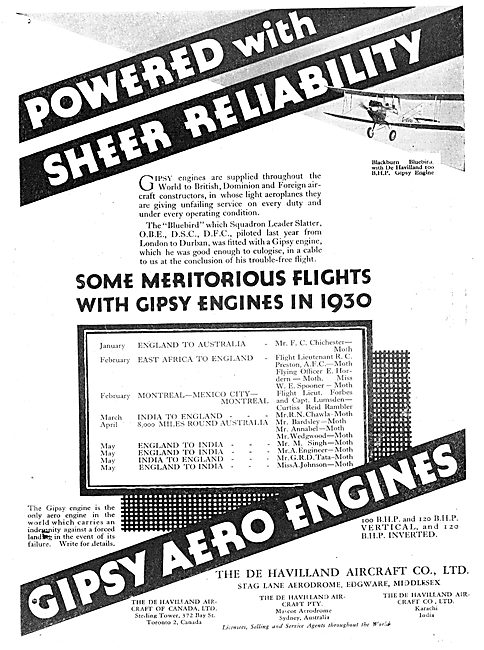 De Havilland Gipsy Aero Engine - Meritorious Flights In 1930     