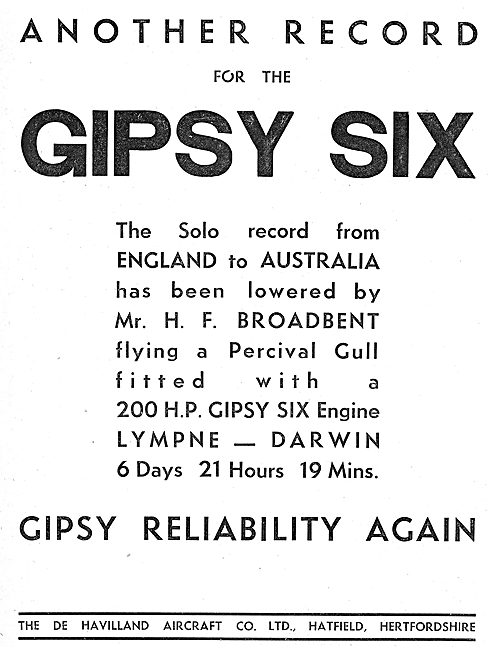 De Havilland Gipsy-Six: H.F.Broadbent Percival Gull Australia    