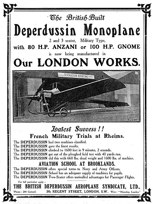 British Deperdussin Monoplanes & Flying School Brooklands        