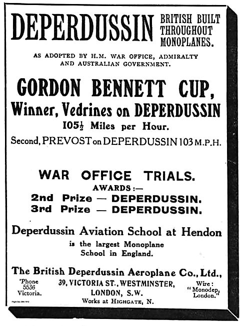 Deperdussin Winners Of Gordon Bennett Cup: 2nd War Office Trials 