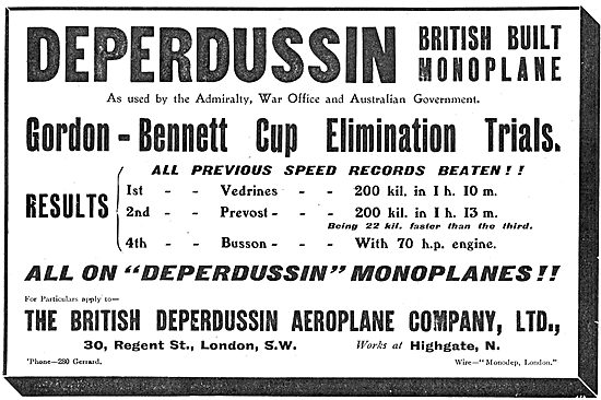 British Built Deperdussin Monoplanes Win Gordon-Bennet Cup Trials
