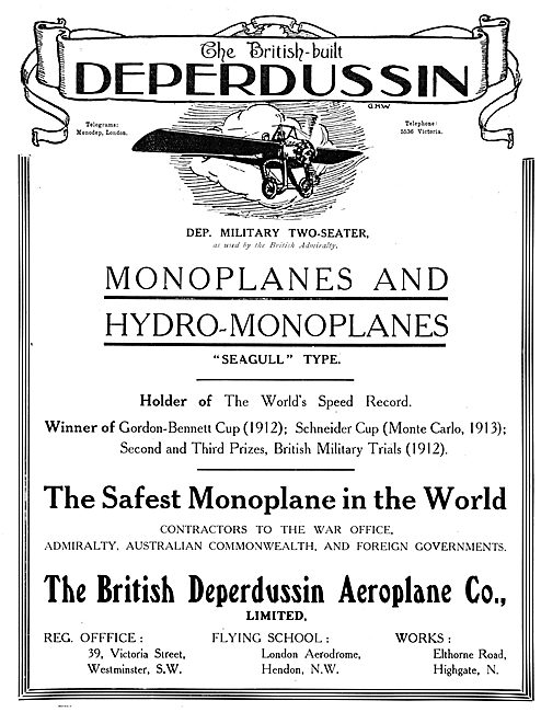 British Deperdussin Monoplanes & Hydro-Monoplanes 1913           