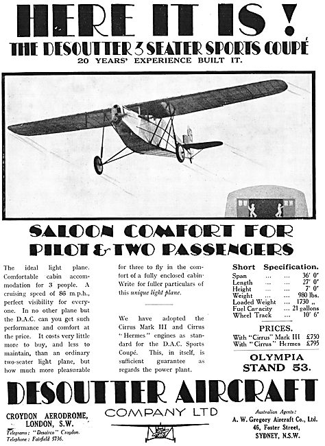 Desoutter Aircraft Croydon 1929 Advert                           