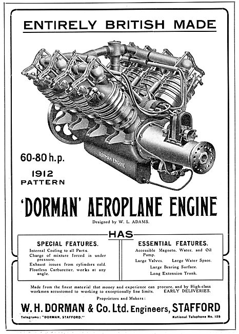 Dorman Aeroplane Engine 1912 - Designed By W.L.Adams             