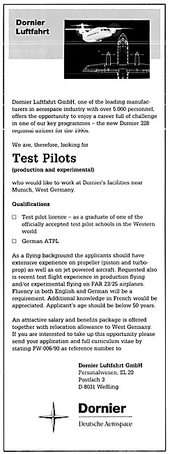 Dornier Test Pilot Recruitment Advert 1990                       
