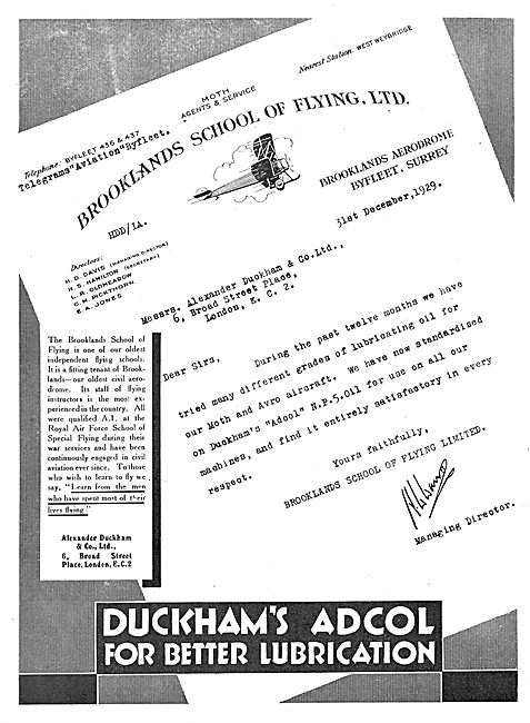 Duckhams Adcol Testimonial From Brooklands Flying School         