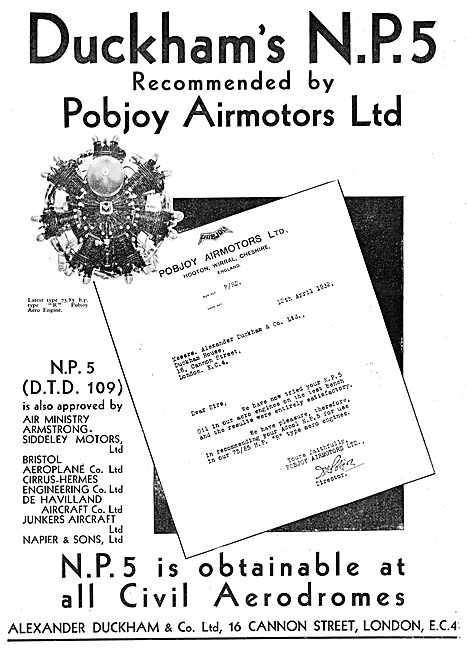 Duckham's NP5 Oil Recommended By Pobjoy Airmotors                