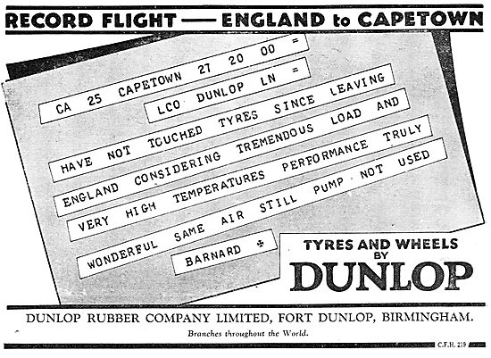 Dunlop Tyres Used On Record Capetown Flight.                     