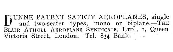 Dunne Patent Safety Aeroplanes - The Blair Atholl Aeroplane Synd 