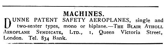 Dunne Patent Safety Aeroplanes Single Or Two Seater Mono/Biplanes