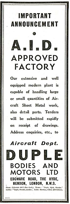 Duple Aircraft Dept Aircraft Sheet Metal Work From Drawings.     