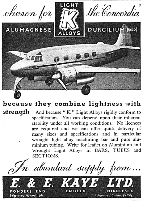 E.& E.Kaye Light Alloy Bars, Tubes & Sections For Aircraft Work  