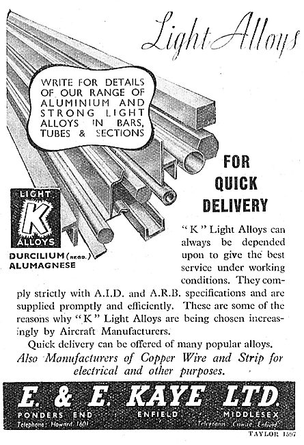 E & E Kaye Light Alloy Bars, Tubes & Sections For Aircraft Work  