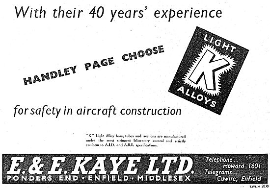 E & E Kaye Light Alloy Bars, Tubes & Sections For Aircraft 1949  