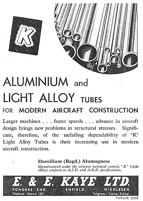 E & E Kaye Light Alloy Bars, Tubes & Sections For Aircraft Work  