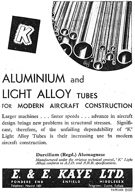 E & E Kaye Light Alloy Bars, Tubes & Sections For Aircraft Work  